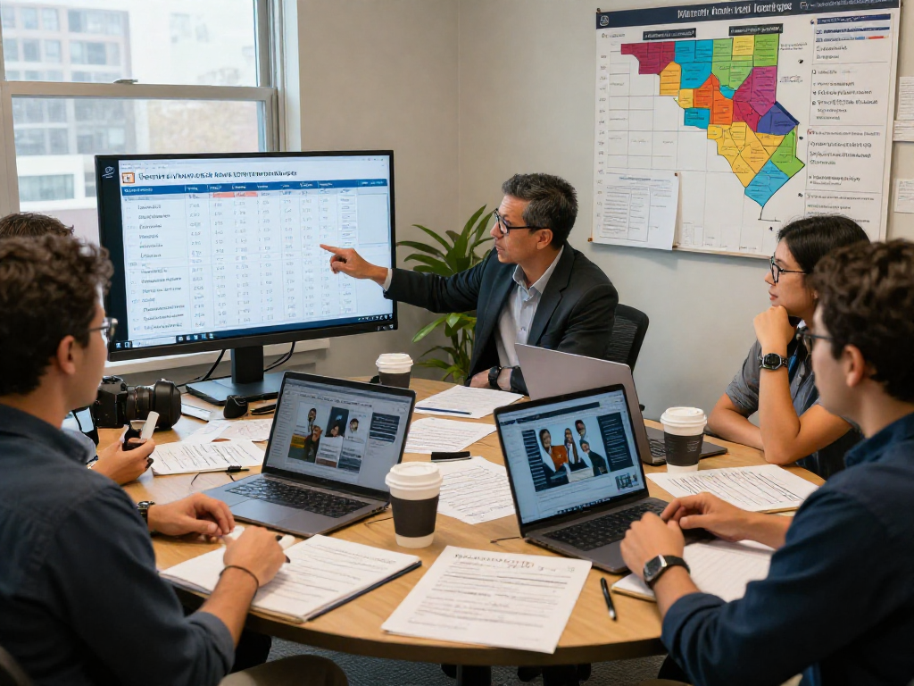 Political marketing team reviewing comprehensive voter data for meta political ads authorization.