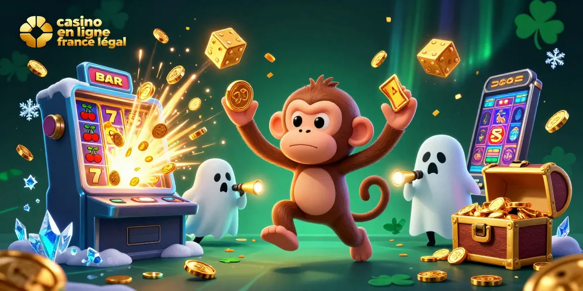 Visuel dynamique montrant un casino en ligne France légal avec un singe et un chiot chassant un poltergeist.