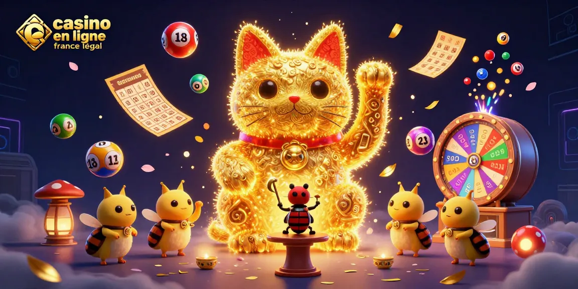Jouez au casino en ligne France légal avec un chat porte-bonheur en 3D entouré de jeux d'arcade et de loterie.