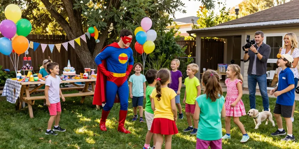 Enthusiastic children enjoying party characters for kids at a joyful birthday celebration.