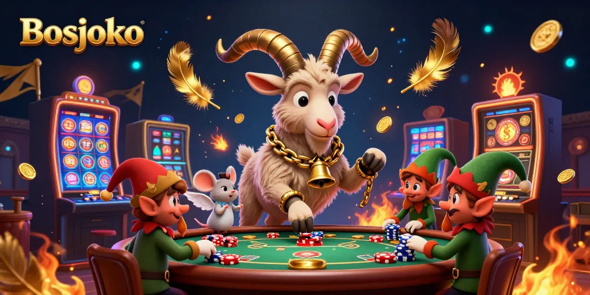 Bosjoko reveals festive 3D cartoon Krampus controlling a lively casino with angel mouse and elf gremlins stealing chips.