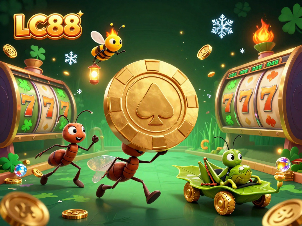 Join the adventure with LC88 as ants carry a giant poker chip amidst a dynamic casino scene.