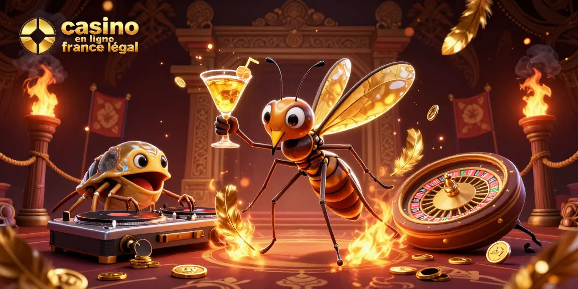 Plongez dans l'univers du casino en ligne légal en France avec une mascotte moustique vibrante et une scène animée.