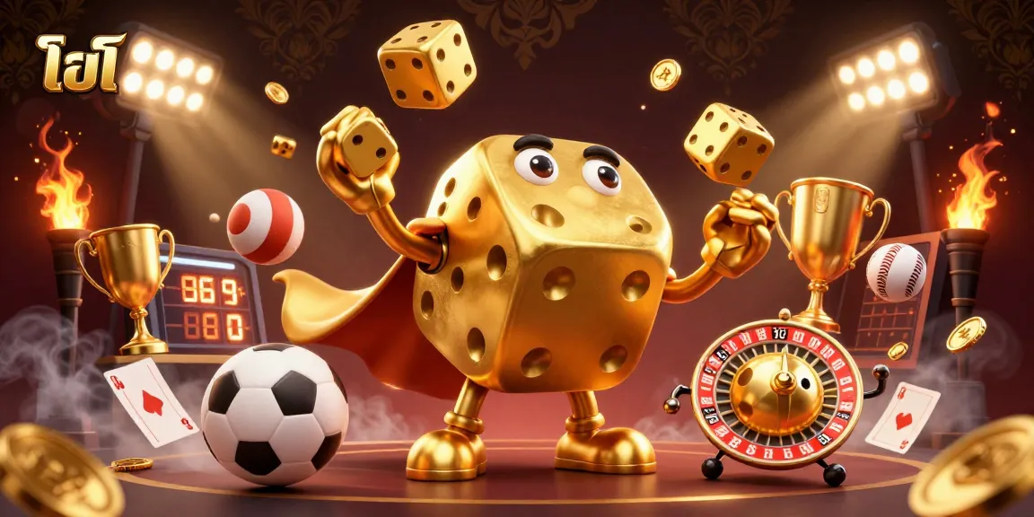 Experience ไฮโล excitement with a dynamic golden dice golem juggling in a vibrant casino scene.
