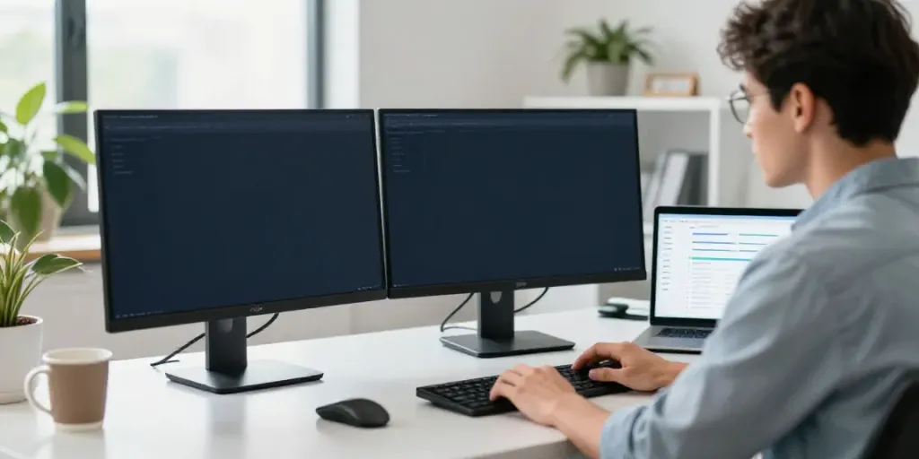 Instant indexing technology workspace with SEO specialist analyzing data.