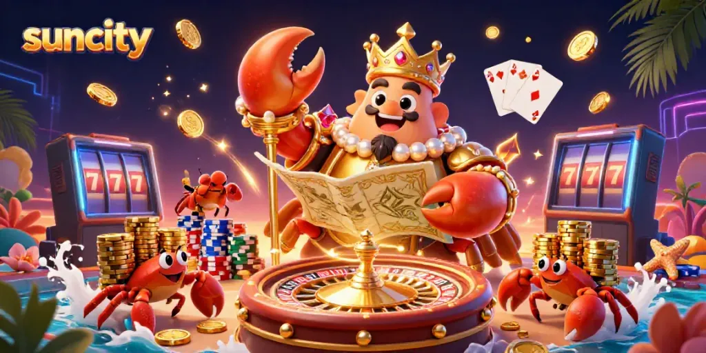 Suncity's vibrant online casino scene displays a golden crab emperor with treasure, poker chips, and roulette wheel.
