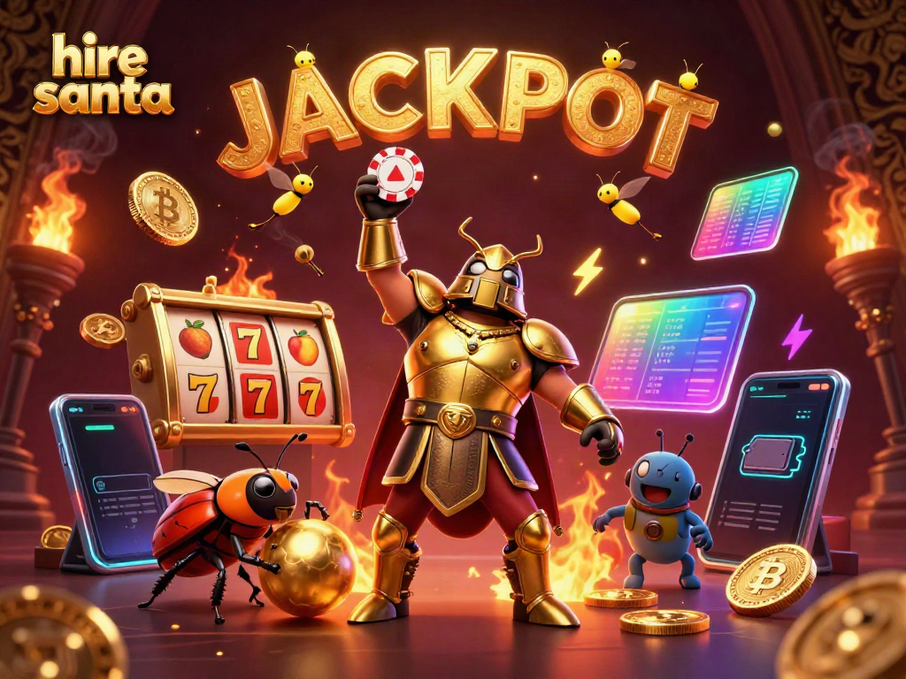 Hire Santa with lively beetles in a vibrant jackpot scene filled with gambling elements.