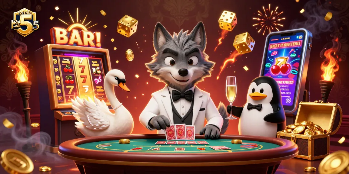 A vibrant ultra-detailed scene showcasing tỷ lệ kèo nhà cái 5 with a debonair wolf, elegant swan, and sophisticated penguin at a baccarat table, surrounded by dynamic casino game elements.