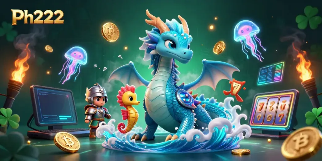 Engage with Ph222 through a vibrant 3D casino scene featuring a dragon and seahorse surrounded by crypto elements.