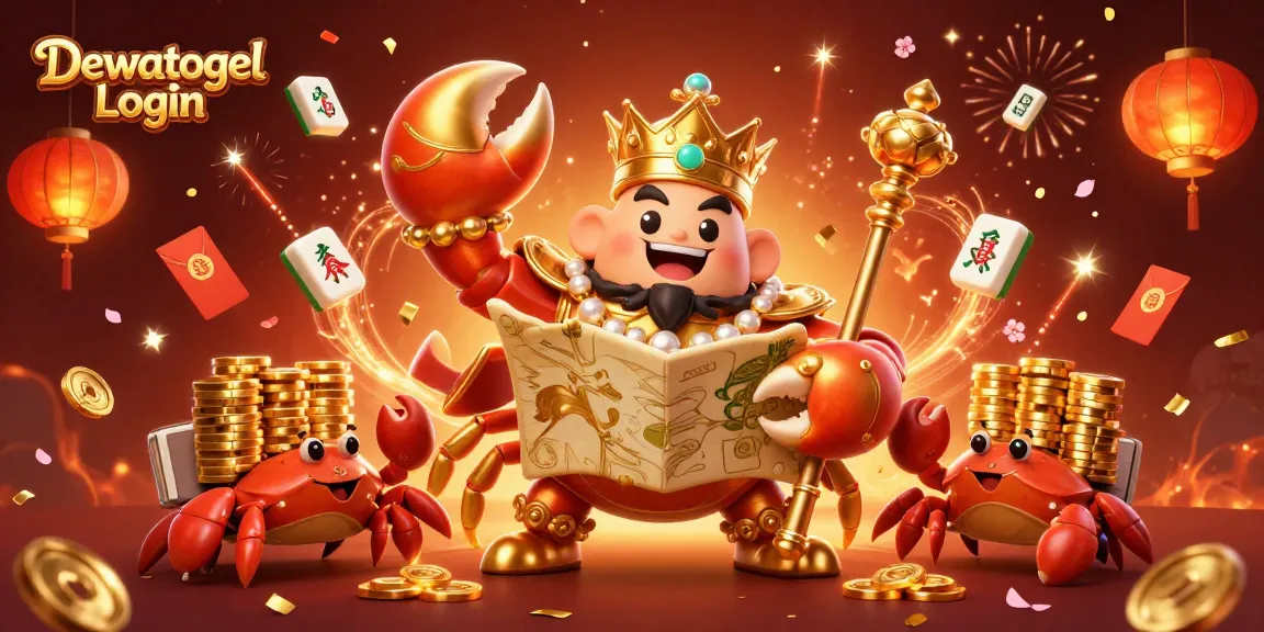 Dewatogel Login showcases a vibrant scene with a golden crab emperor and gaming elements celebrating luck.
