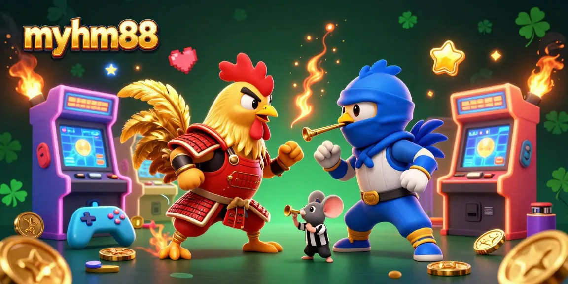 Witness the intense standoff of fighting roosters for myhm88 featuring colorful casino elements.