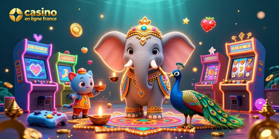 Gagnez sur un casino en ligne France avec cette illustration vibrante mettant en scène un éléphant coloré et une ambiance festive.