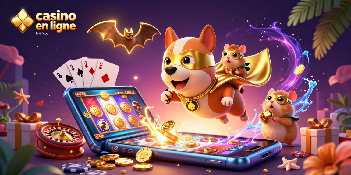 Illustration dynamique de casino en ligne France avec un chien super-héros et un hamster, joyaux d'un véritable casino