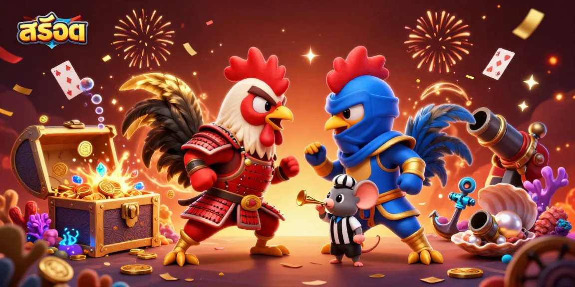 Engage with สล็อต gameplay as twin roosters battle amid vibrant casino elements and underwater treasures