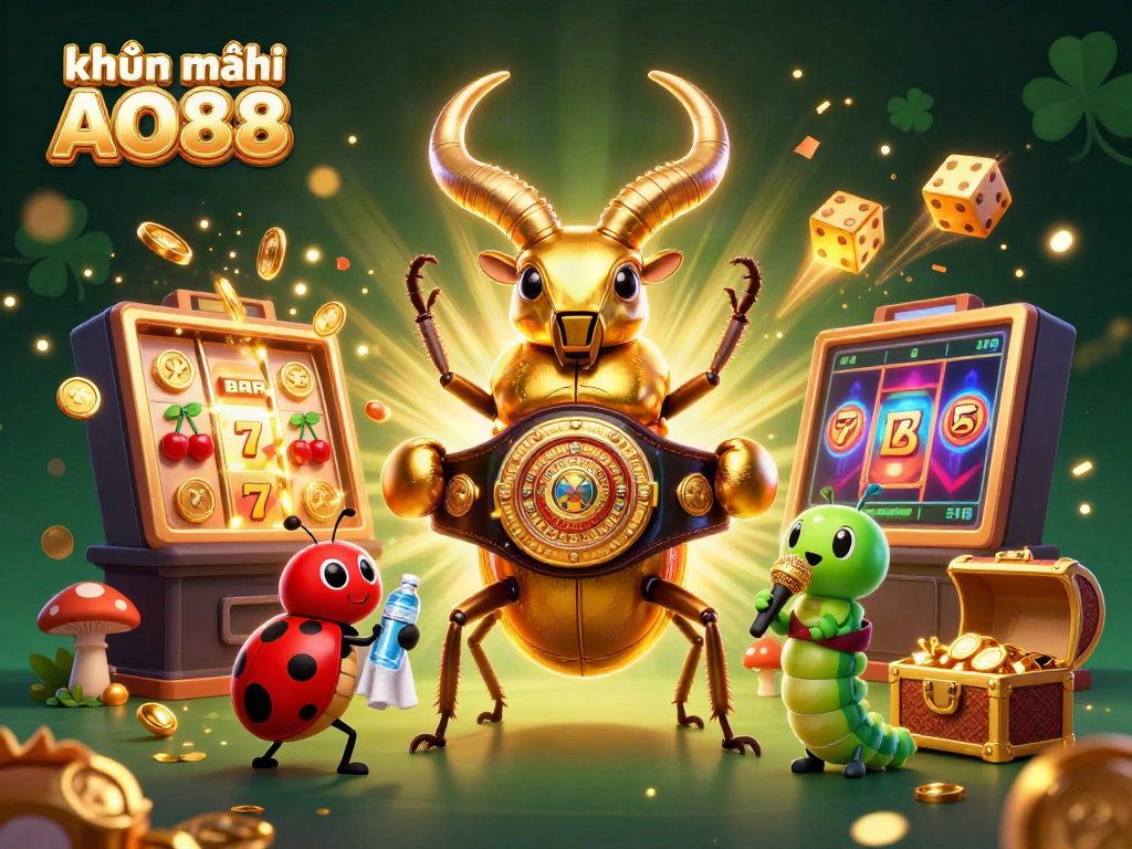Experience the excitement of khuyến mãi AO88 with a dynamic scene of a golden stag beetle champion and rich casino elements.