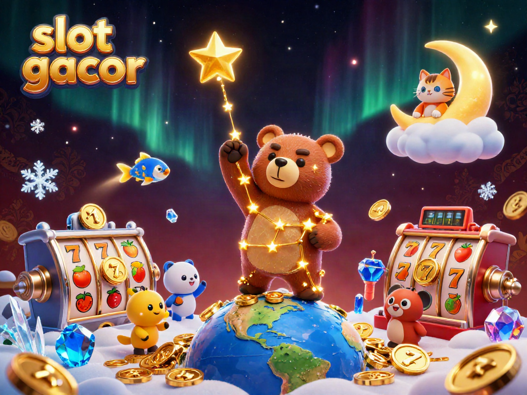 Slot gacor: Beruang konstelasi mengumpulkan koin dalam suasana kasino yang ceria.