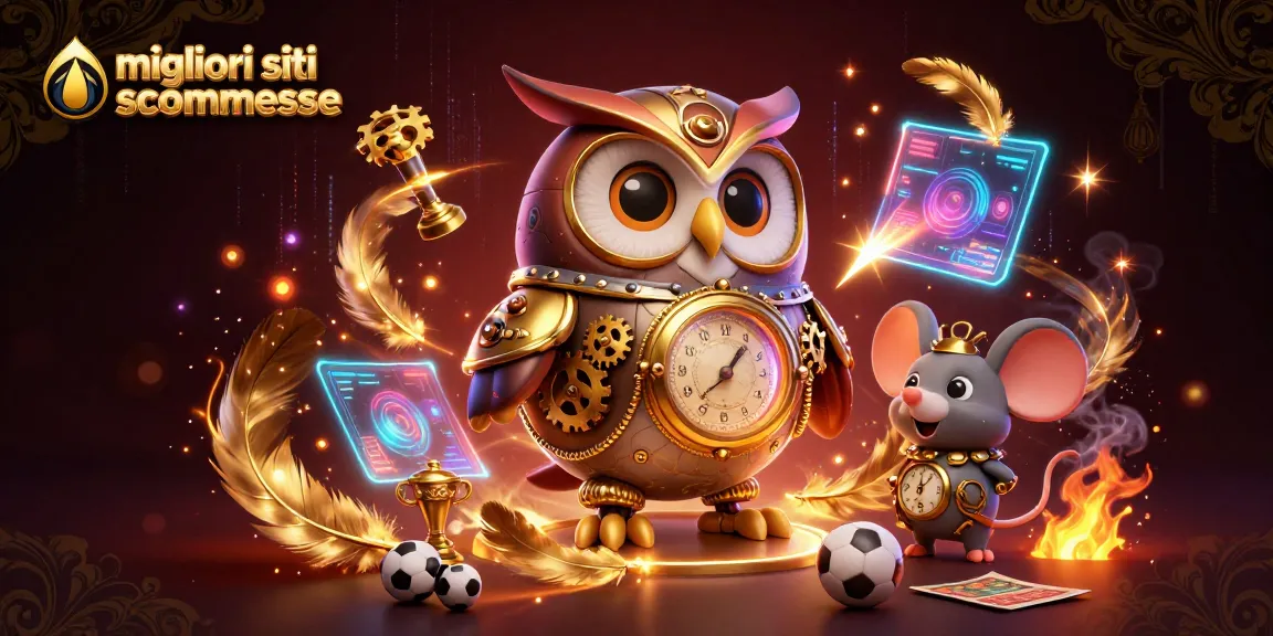 Immagine dinamica dei migliori siti scommesse con un gufo viaggiatore del tempo e un topo meccanico, circondati da elementi di gioco.