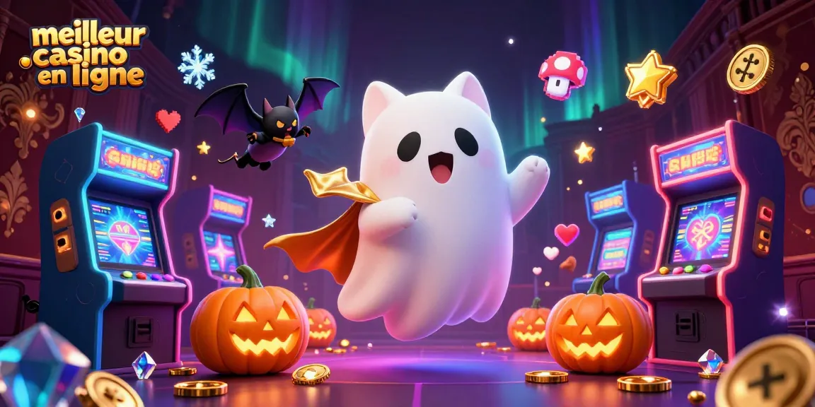 Jouez sur le meilleur casino en ligne avec une illustration captivante de fantômes et de chats.