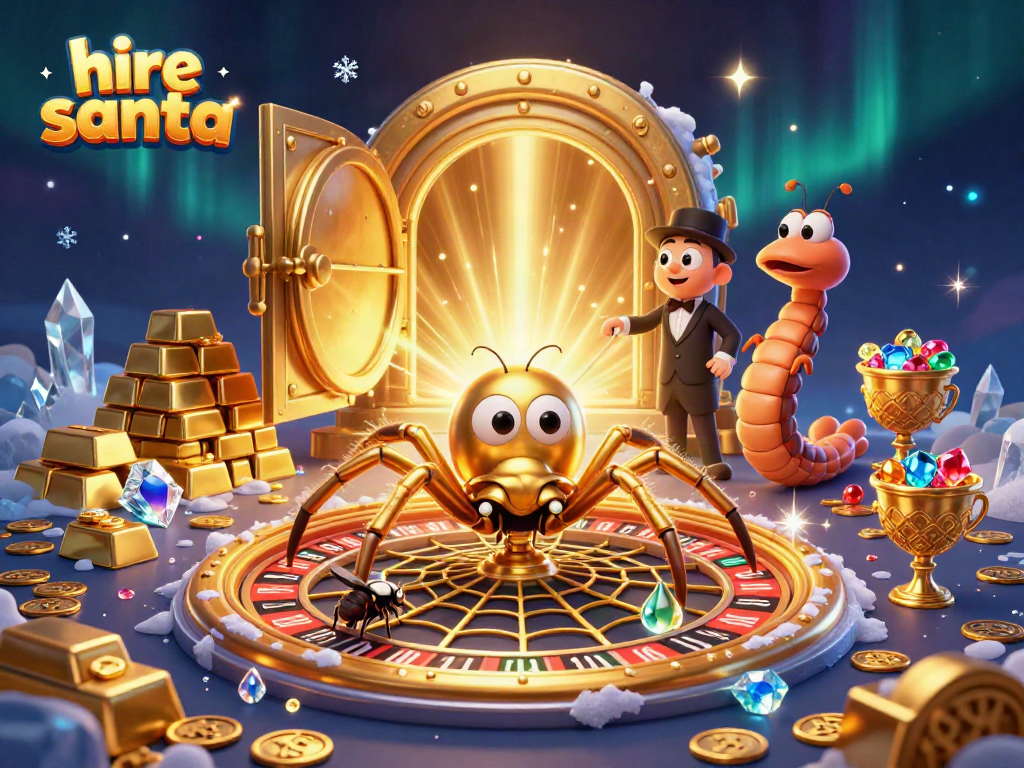 Engaging scene showing how to hire Santa Claus with festive gambling-themed elements for a fun holiday.