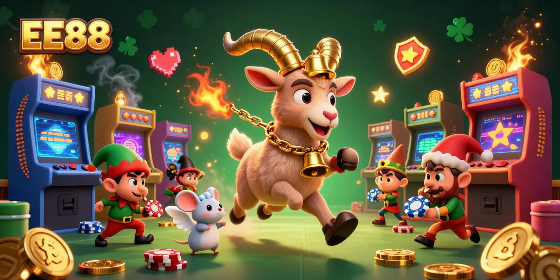 Experience exciting gameplay at EE88 with Krampus and fun casino elements in a vibrant illustration.