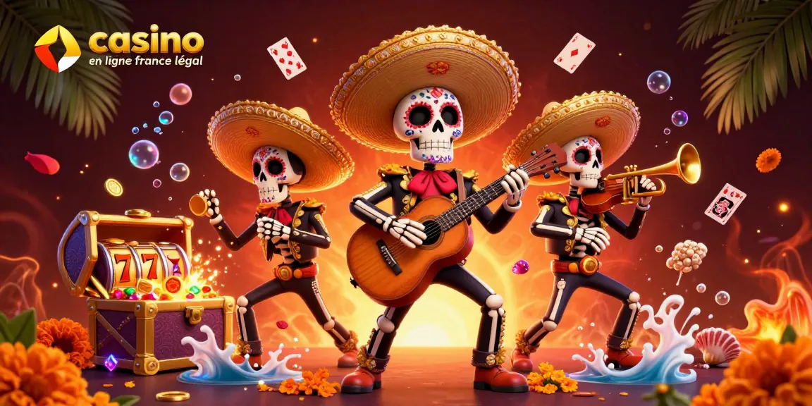 Profitez d'une ambiance de jeu avec les squelettes mariachi sous un coucher de soleil, casino en ligne France légal.