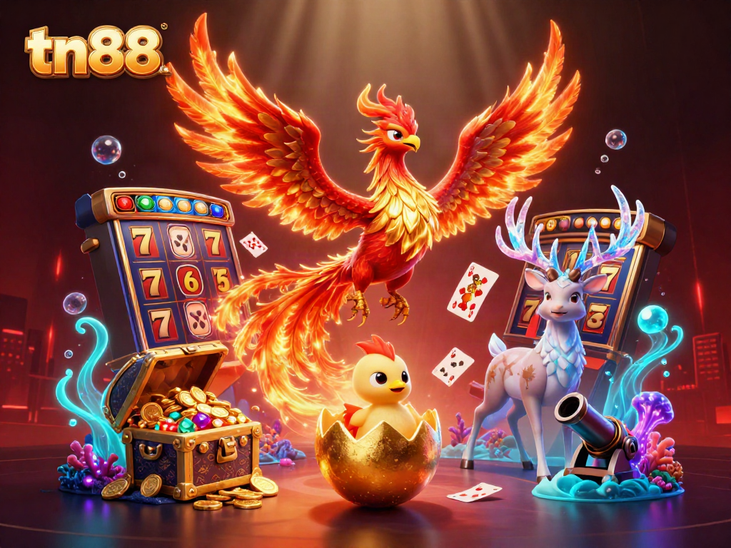 Engage with tn88's thrilling slot games in a stunning phoenix and stag-themed underwater scene.
