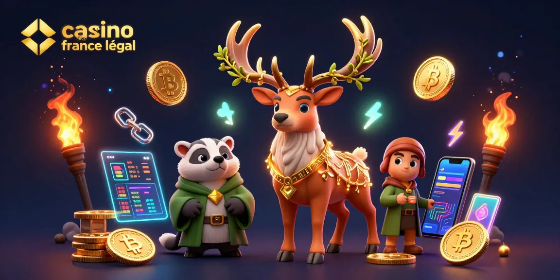 Jouez légalement au casino en ligne France légal avec une illustration immersive et des éléments de cryptomonnaies.