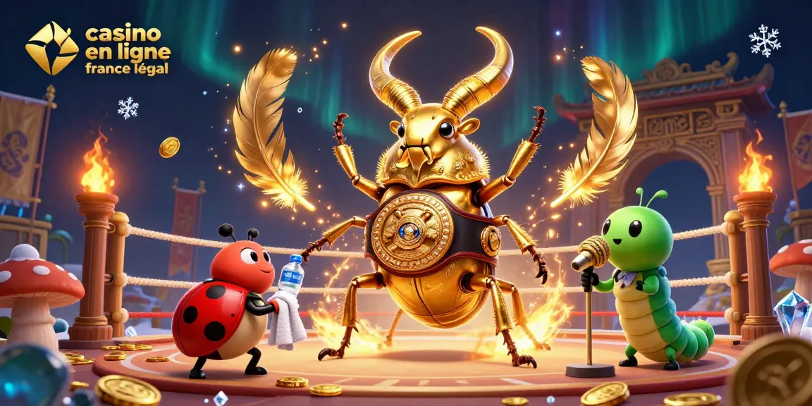 Illustration 3D d'un scarabée doré de casino en ligne légal en France, combattant entouré d'éléments de jeu.