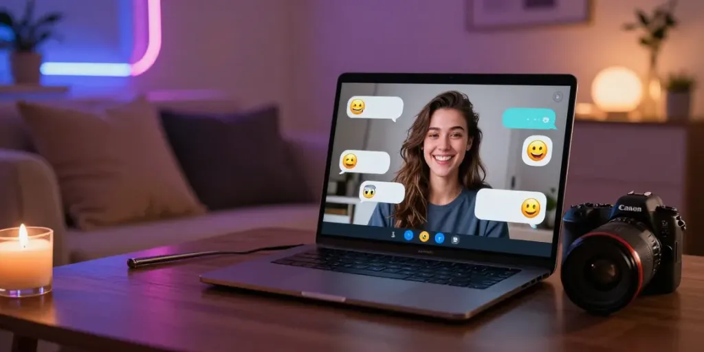 Free AI sex chat interaction in a cozy virtual space with emojis.