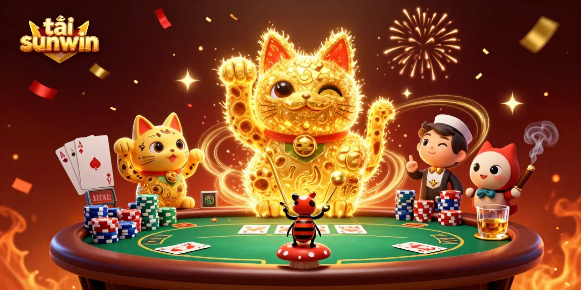 Play tải sunwin with vibrant slots, poker tables, and a giant lucky cat amid casino elements.