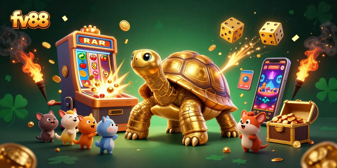 Experience the excitement of fv88 with a colossal golden tortoise and thrilling jackpot scenes.