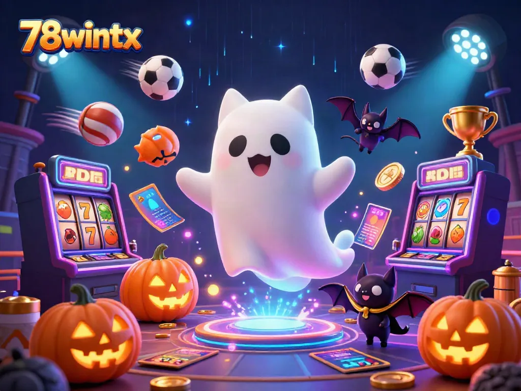 Engage with the vibrant journey of 78wintx as a ghost cat and bat explore a haunted casino, surrounded by magical slots and glowing elements.