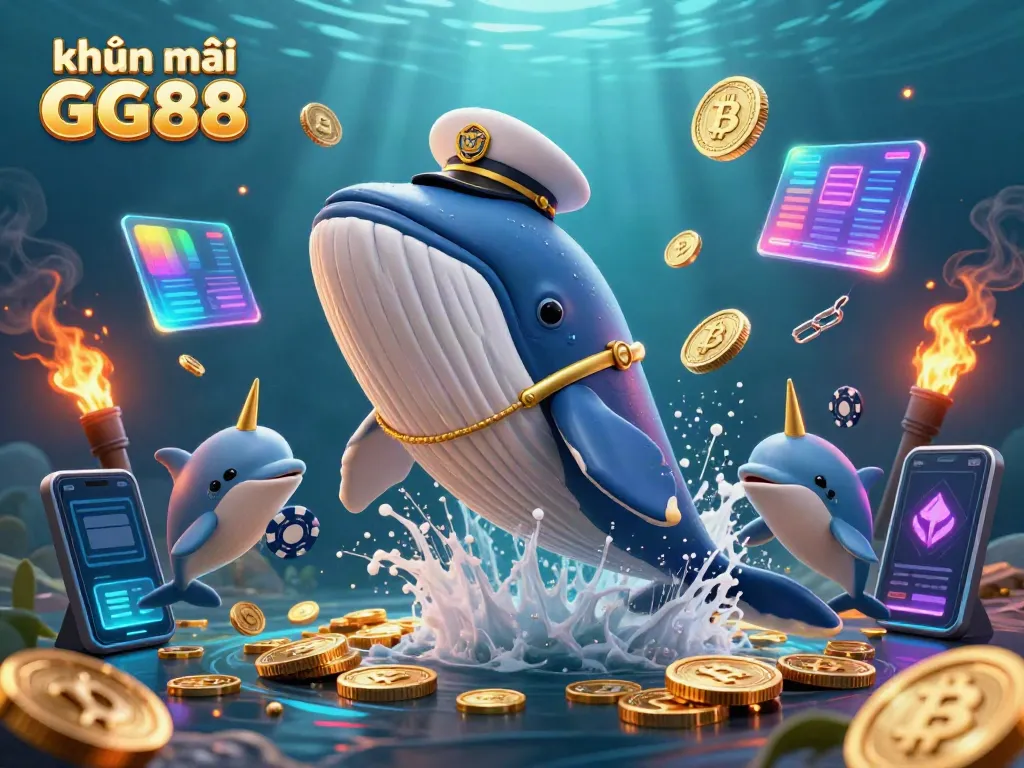 Engage with khuyến mãi GG88 as you cheer a 3D cartoon whale amidst a sea of coins and vibrant crypto elements.
