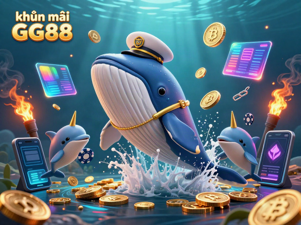 Engage with khuyến mãi GG88 as you cheer a 3D cartoon whale amidst a sea of coins and vibrant crypto elements.
