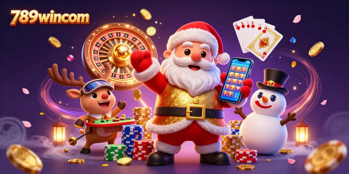 Win big with 789wincom as Santa, a reindeer dealer, and a snowman enjoy jackpot slots.