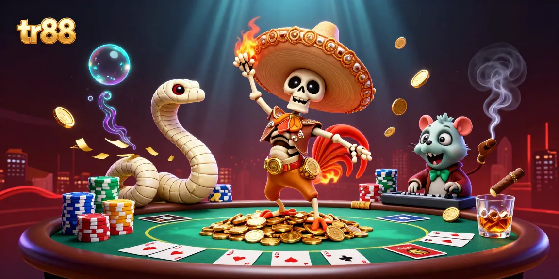 Experience winning thrills at tr88 with a vibrant scene of fun casino characters celebrating around poker chips.