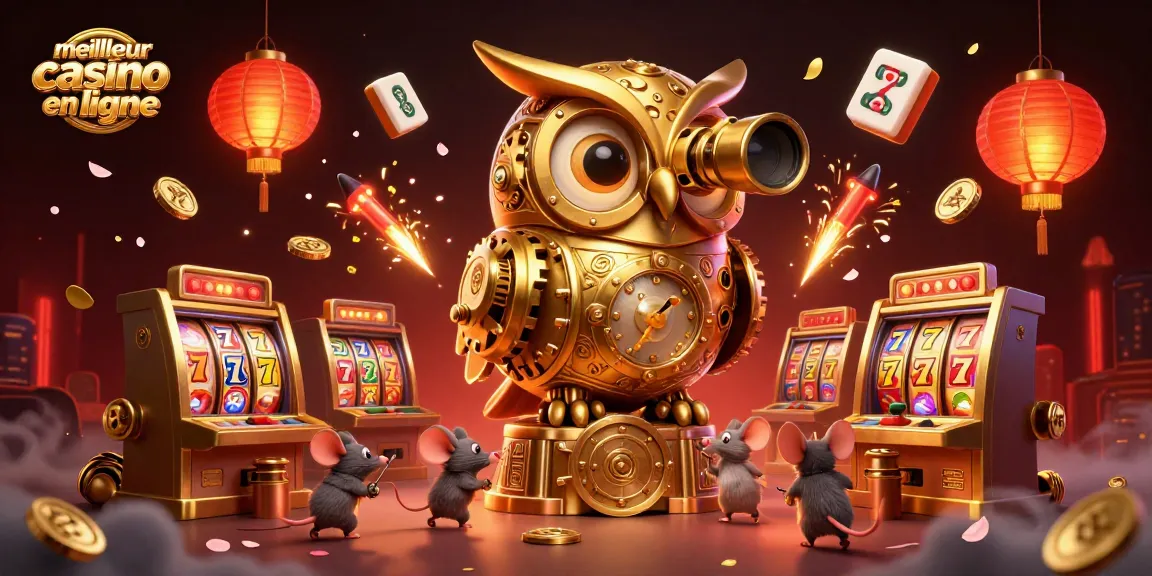 Découvrez le meilleur casino en ligne avec une illustration dynamique d'un hibou doré et des machines à sous.