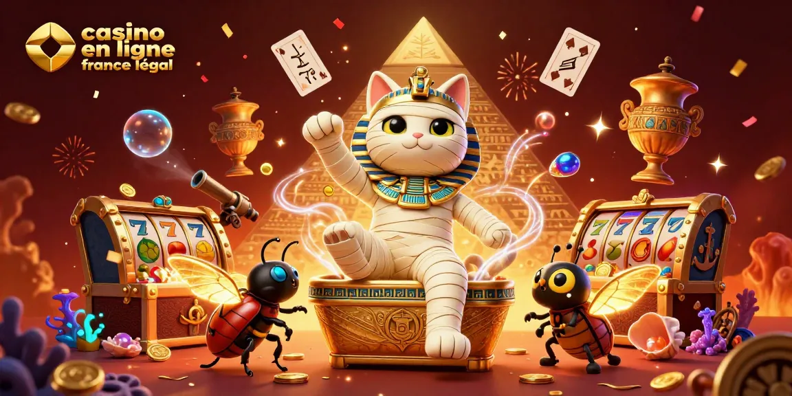 Illustration dynamique représentant un chat momie égyptienne dans un casino avec des éléments de jeux de casino, mettant en avant le casino en ligne France légal.