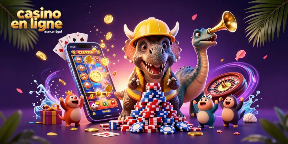 Casino en ligne France légal : un triceratops construisant une pyramide de jetons de poker avec des éléments de jeu vibrant autour.