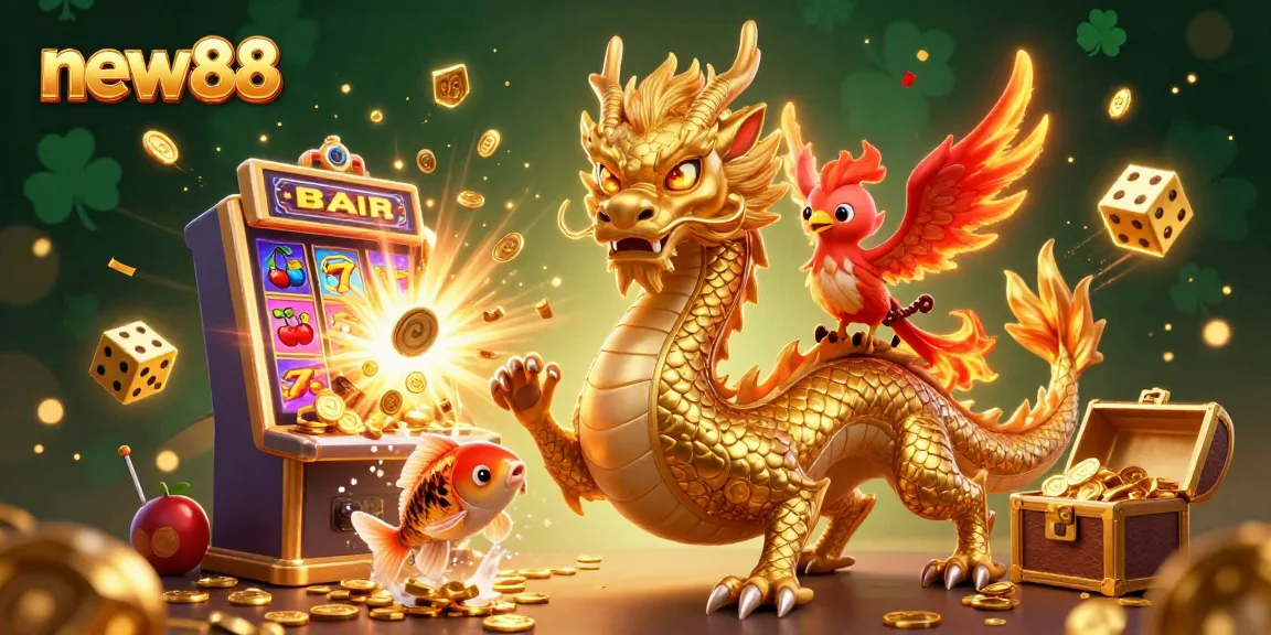 Experience the excitement of new88 with a dynamic illustration featuring a golden dragon, phoenix, and koi fish amidst a jackpot explosion.