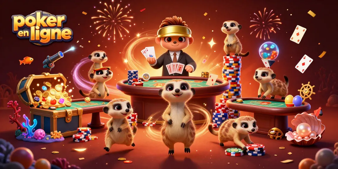 Jouez au poker en ligne avec des meerkats dans cette illustration cartoon dynamique.