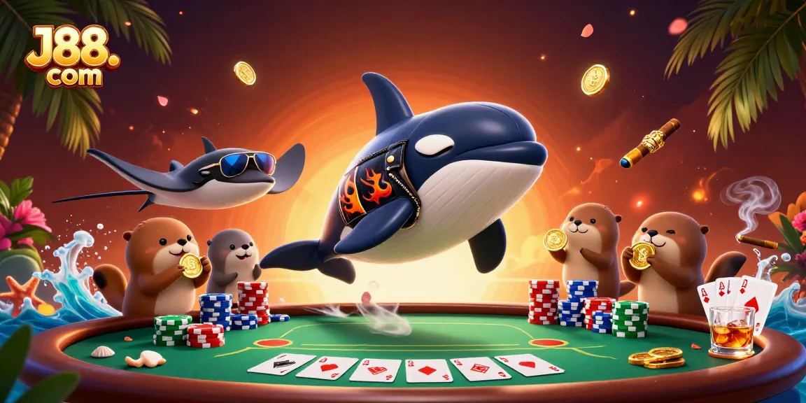 Join the excitement at J88. com with thrilling casino elements featuring an orca, stingray, and otters.