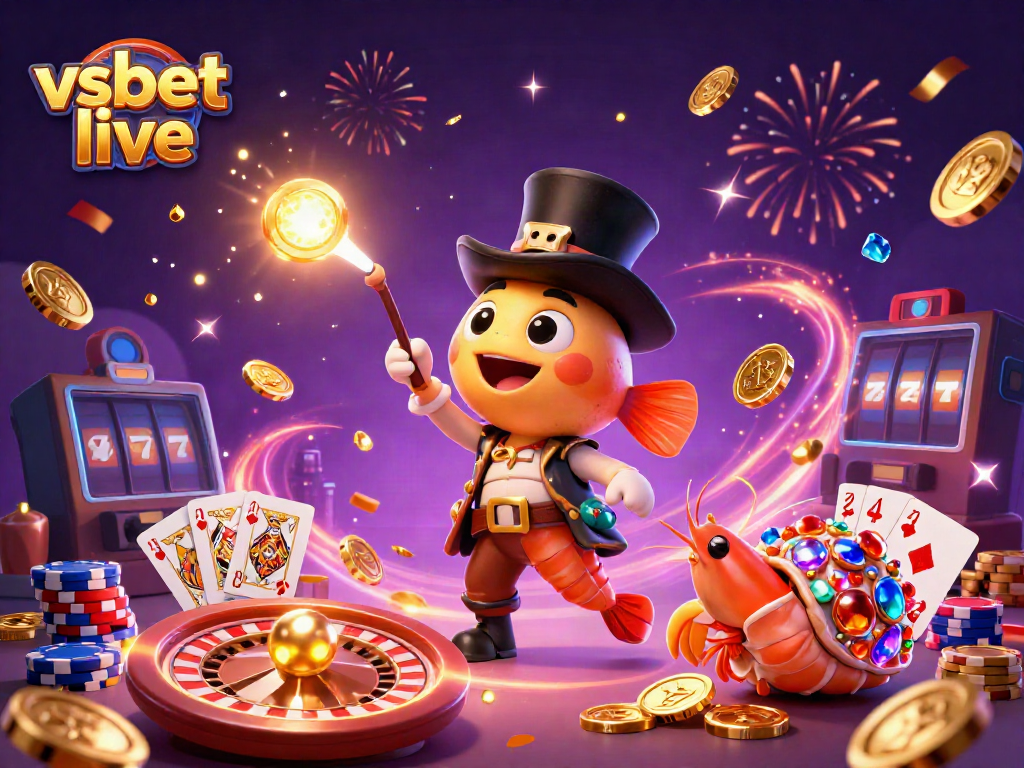 Experience the excitement of vsbet live with a dynamic scene of cartoon characters celebrating wins amidst cascading gold coins.