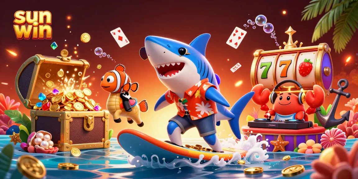 Experience sun win thrills with engaging 3D characters in a vibrant casino-themed illustration.