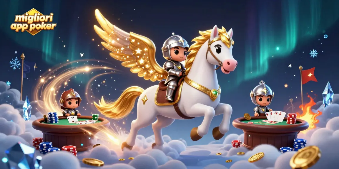 Migliori app poker: scena dinamica con cavallo alato e cavaliere su tavolo da poker ricco di elementi.