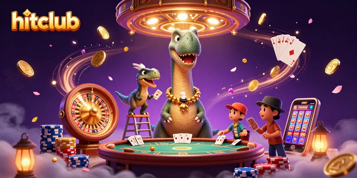 Experience hitclub’s vibrant casino atmosphere with a playful dinosaur and dynamic game elements.