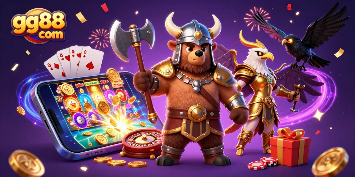 Spin the reels at gg88 com with Viking berserker, Valkyrie eagle, and radiant game elements.