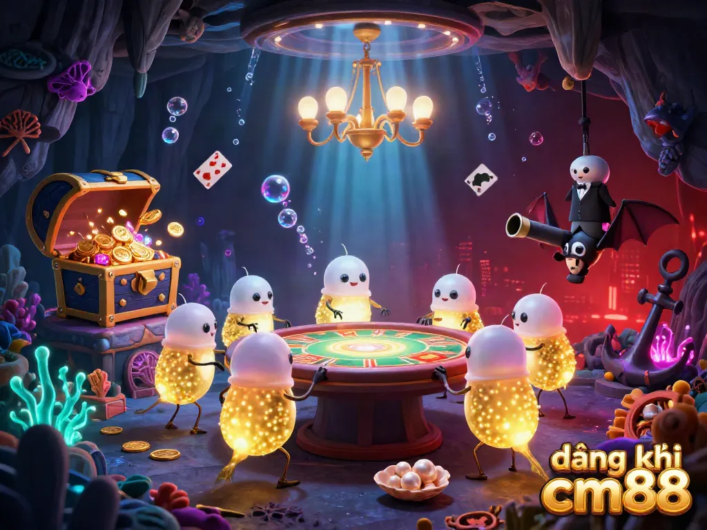 Experience the excitement of đăng ký cm88 as glowworms illuminate a vibrant casino scene with floating cards and treasure.
