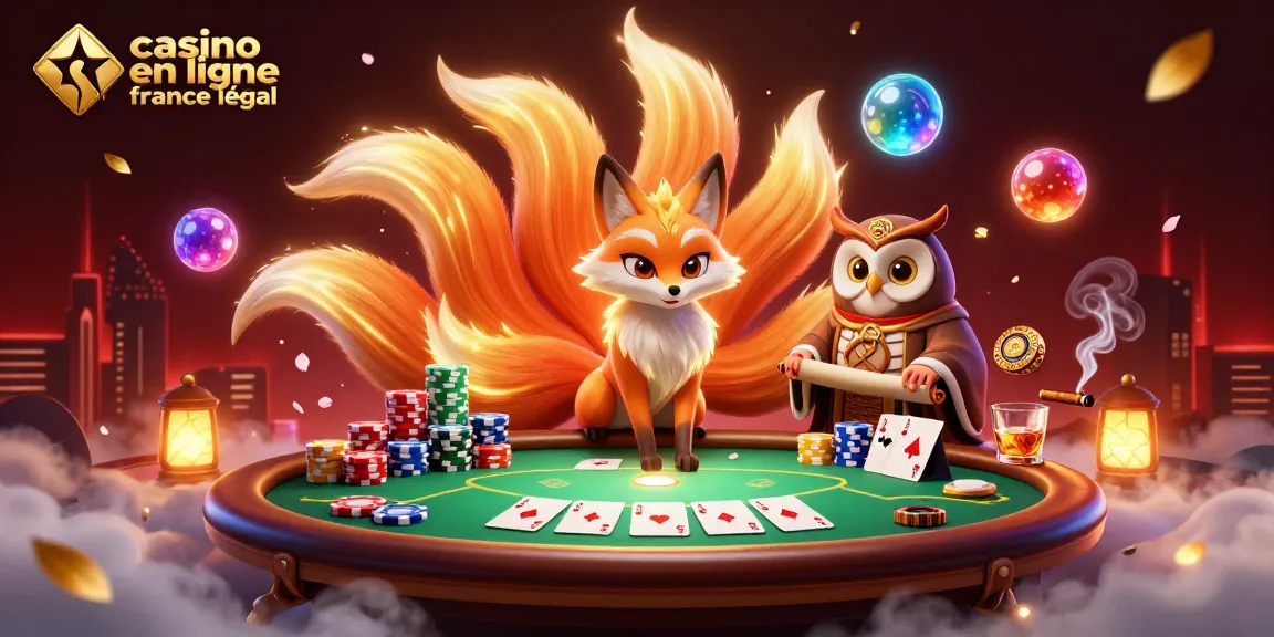 Illustration 3D colorée représentant un casino en ligne France légal avec une renarde à neuf queues, une chouette sage, et des éléments de jeu tels que des jetons et des cartes.