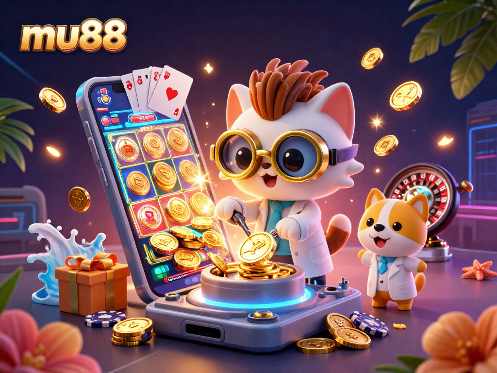 mu88 showcases an animated scene of a mad scientist cat creating gold coins amidst casino elements.